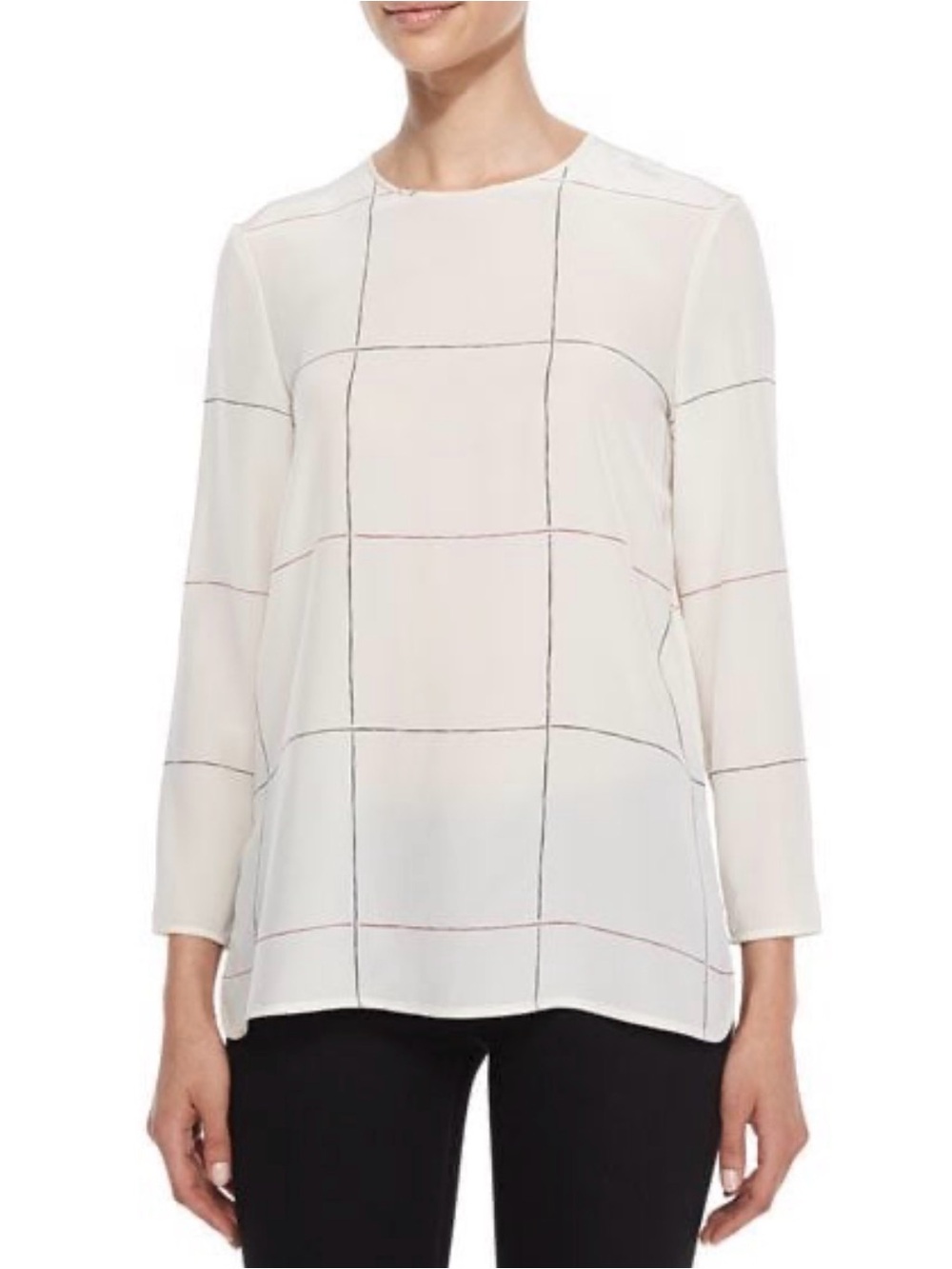 Theory Cream Silk Grid-Check Blouse with Black & Red Lines S